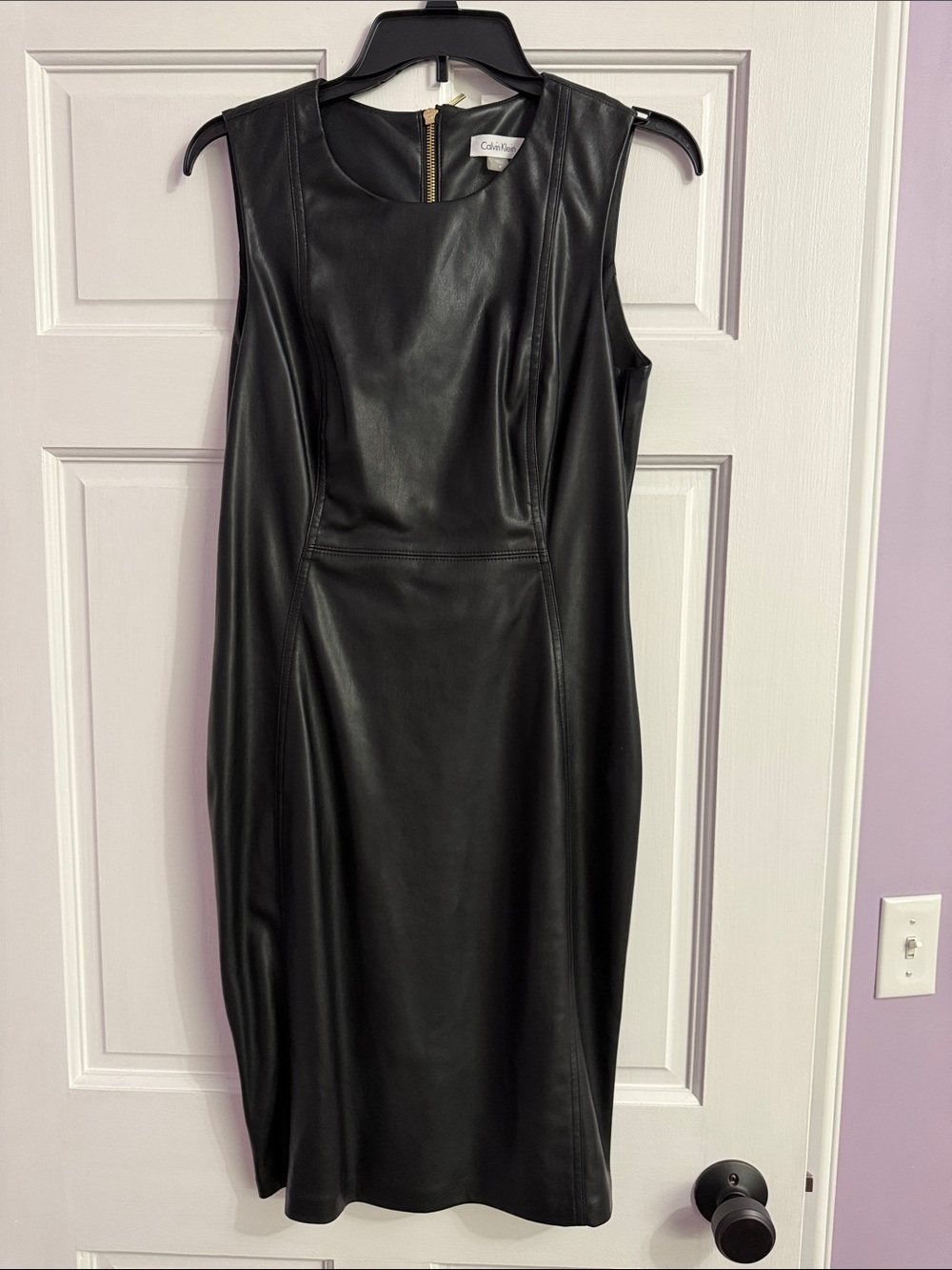 Calvin Klein Black Faux Leather Midi Sheath Dress